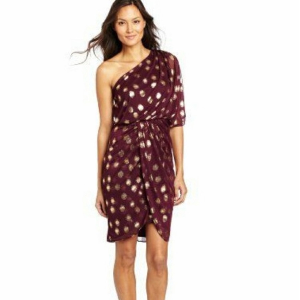 Adrianna Pappell Maroon and Gold One Shoulder Draped Tulip Hem Dress - Size 18W